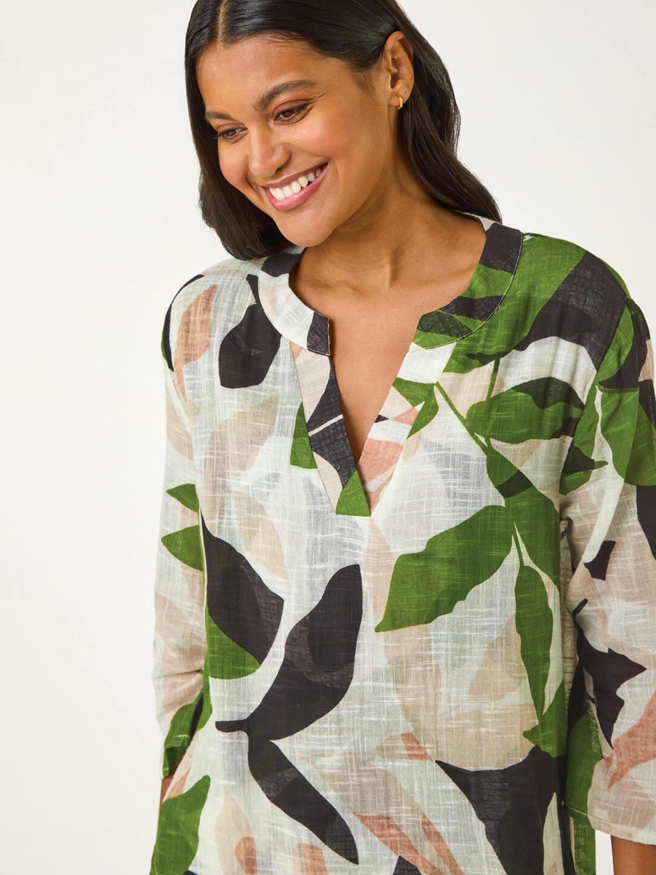 Image 4 of 5 of Roman Leaf Print Wrap Front Tunic Top - Green