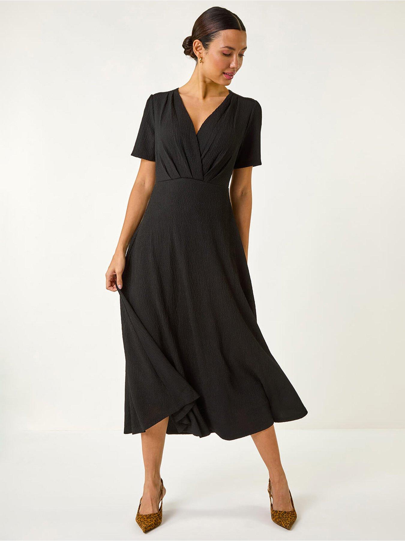 Roman Textured Wrap Bodice Midi Dress - Black