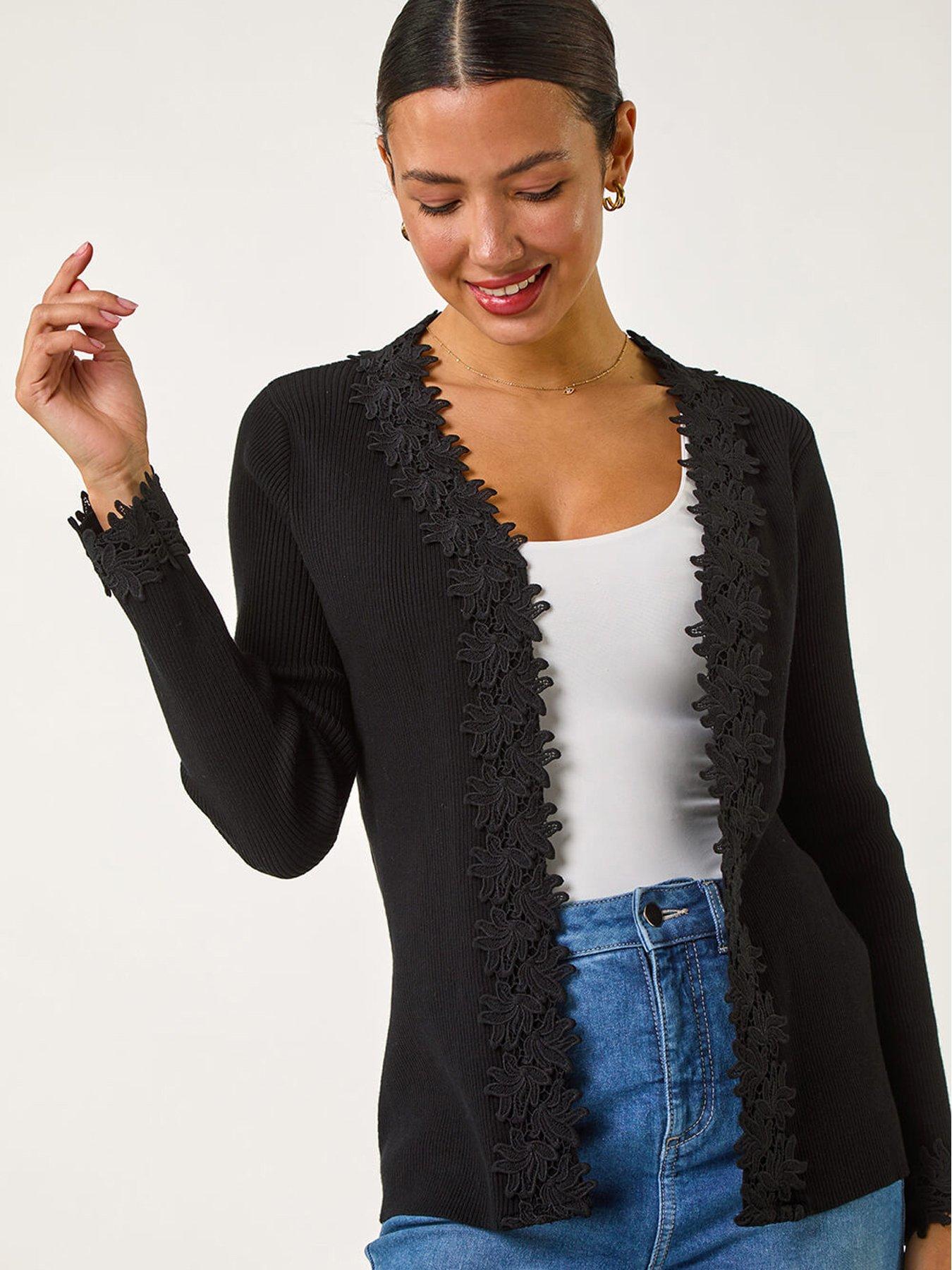 Roman Lace Trim Knit Cardigan - Black