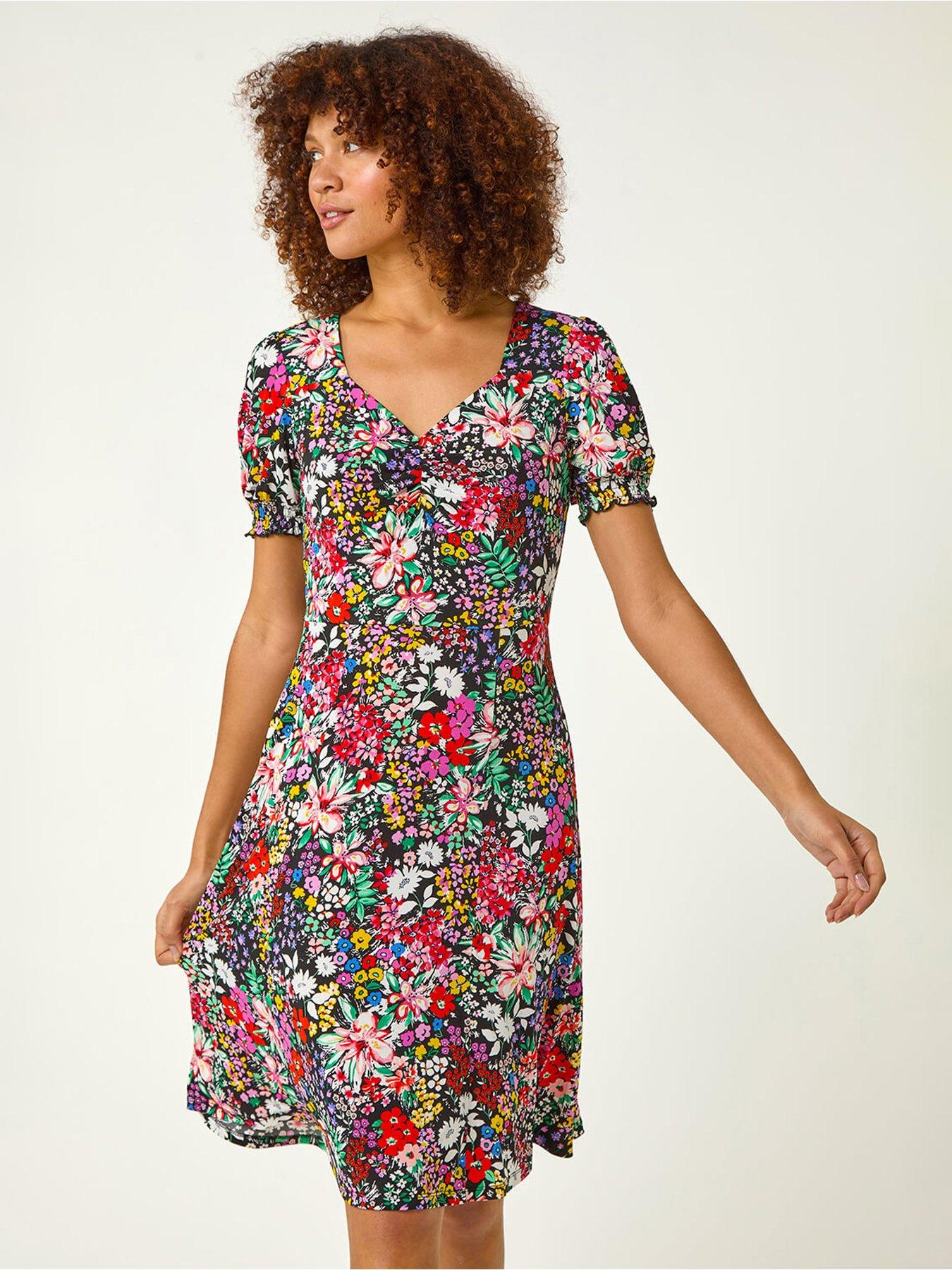 roman-floral-print-ruched-stretch-midi-dress-multifront