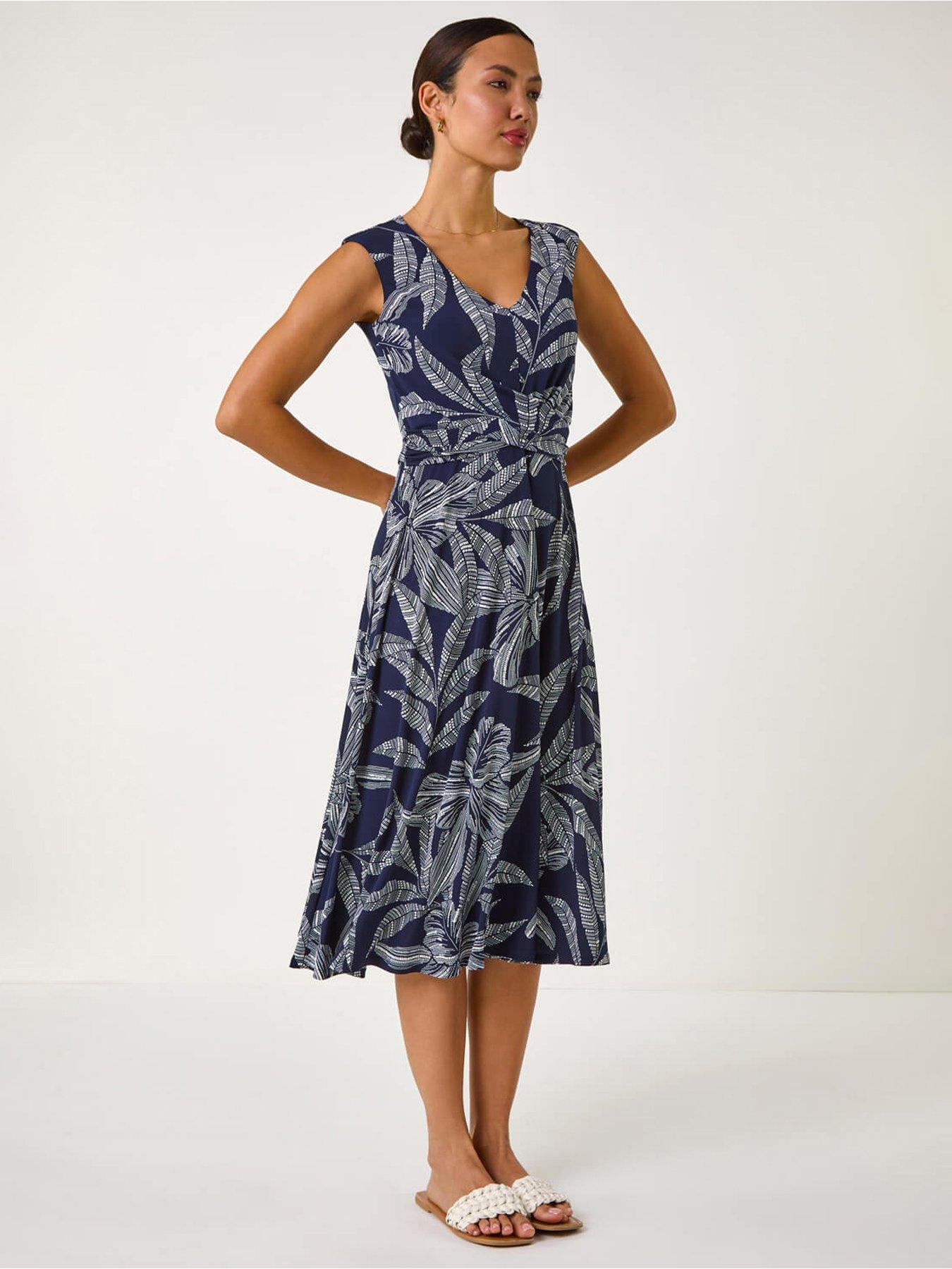 Roman Leaf Print Twist Front Stretch Dress - Navy