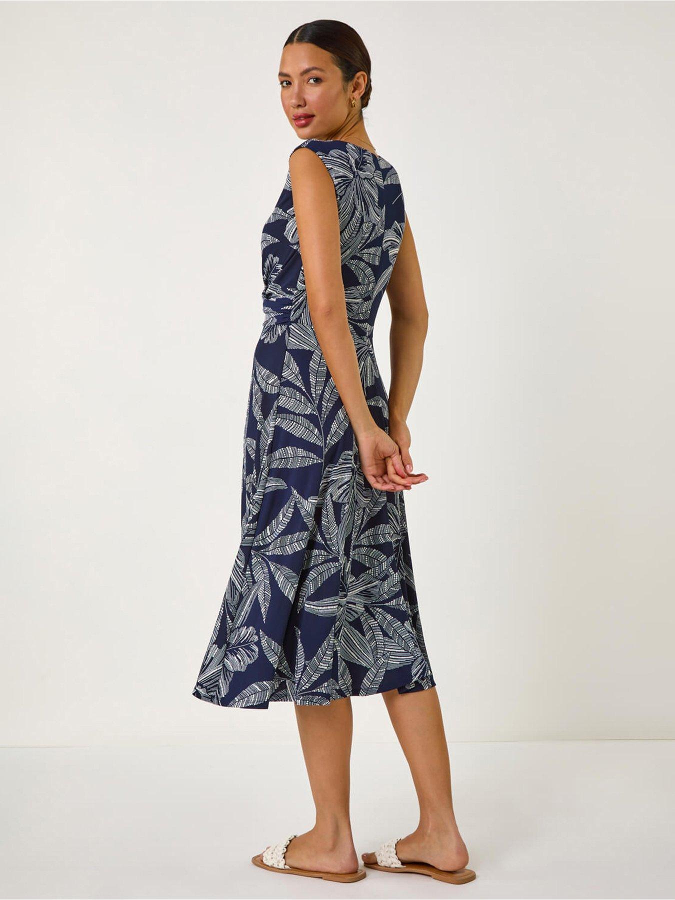 roman-leaf-print-twist-front-stretch-dress-navystillFront