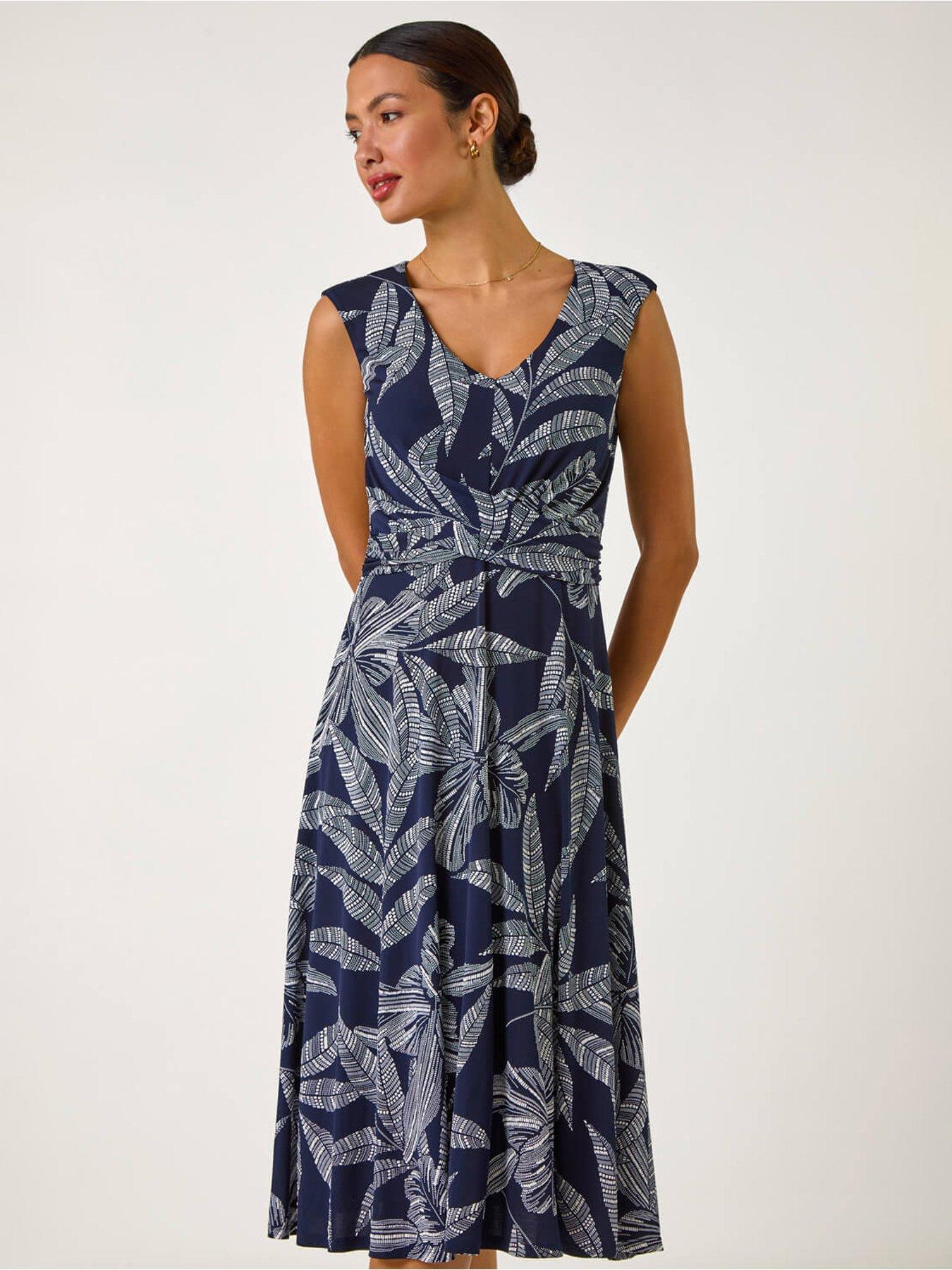 roman-leaf-print-twist-front-stretch-dress-navyback