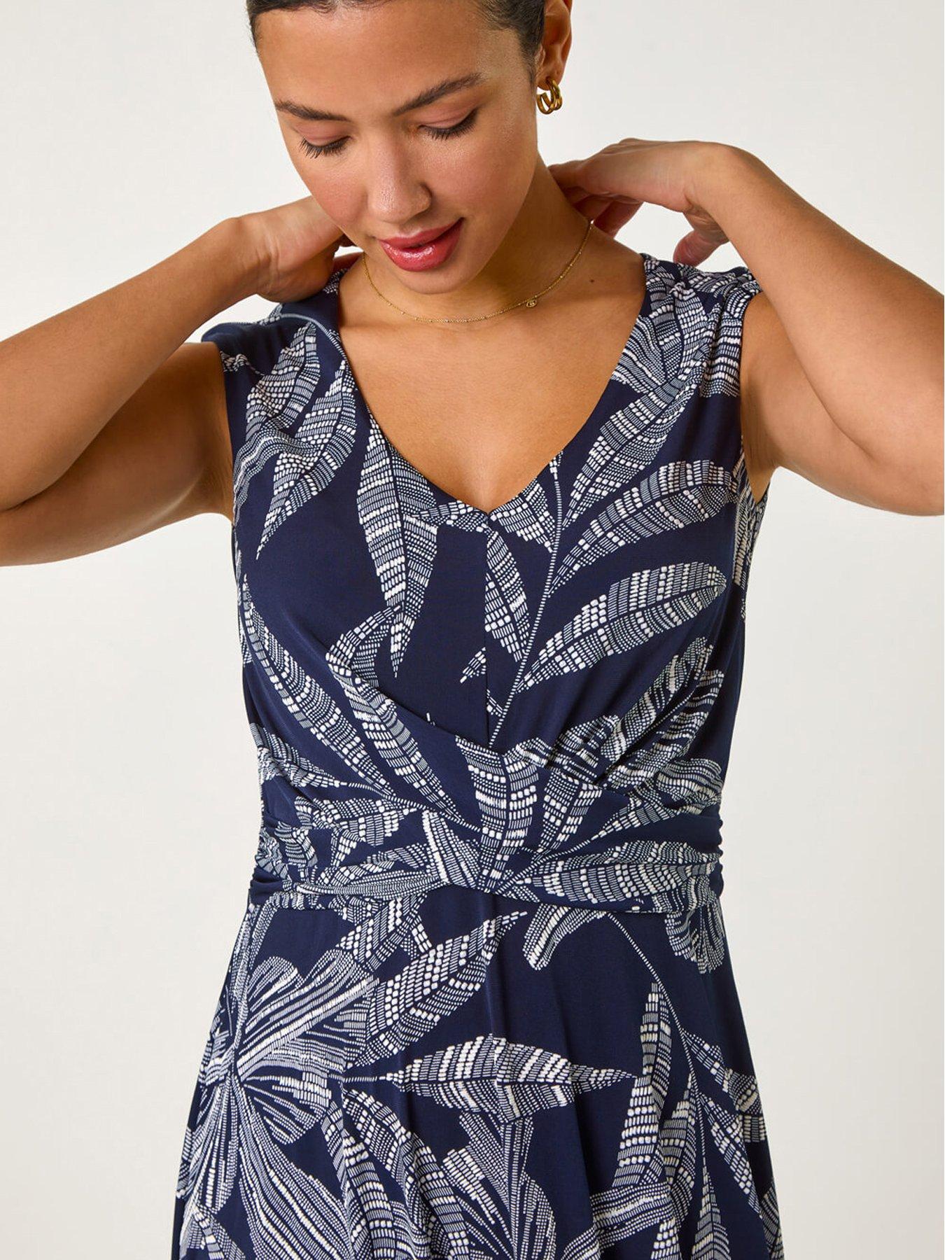 roman-leaf-print-twist-front-stretch-dress-navyoutfit