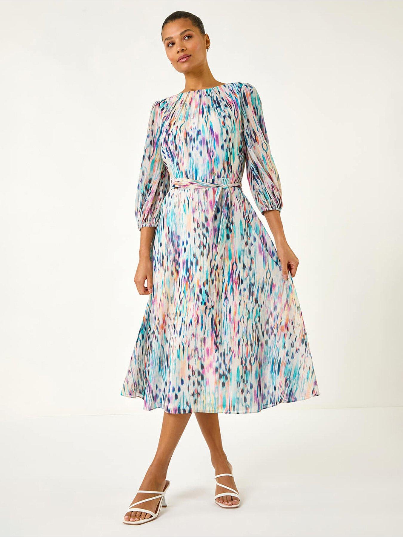 Roman Blurred Print Pleat Neck Midi Dress