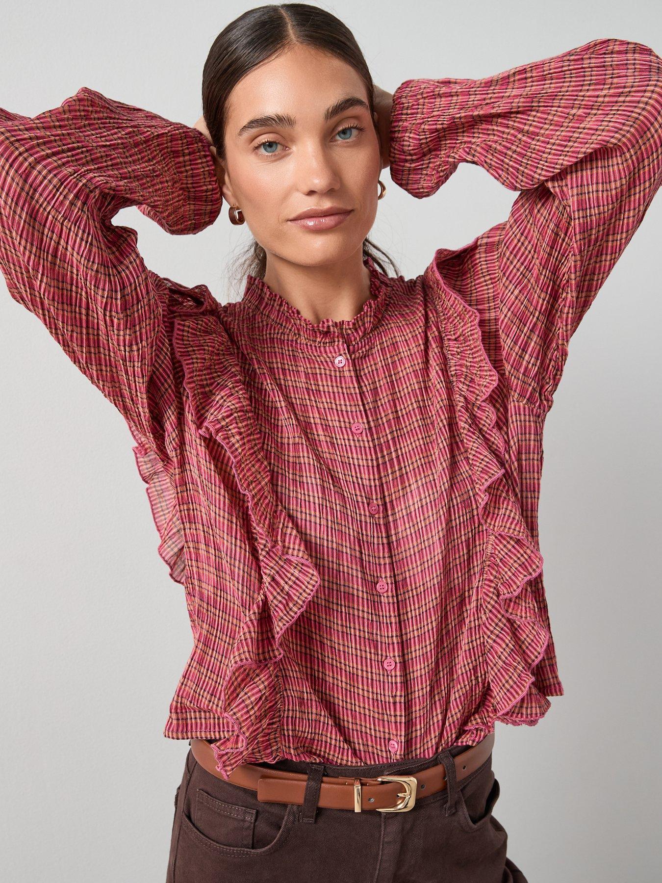 the-very-collection-ruffle-detail-checked-shirt-redfront