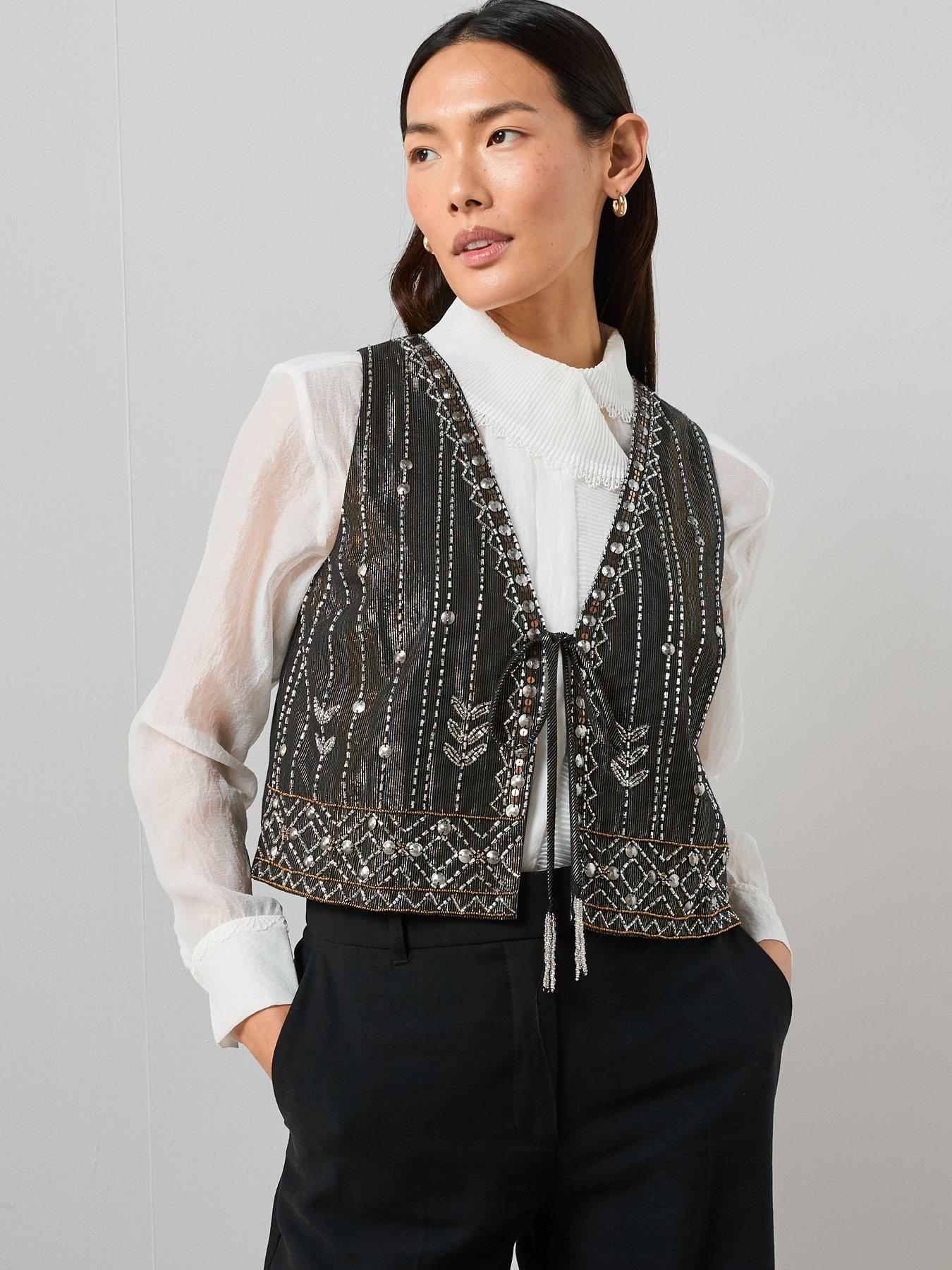 The Very Collection Embellished Tie Front Waist Coat - Black