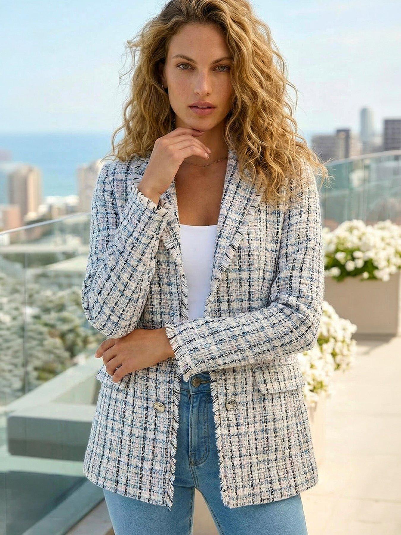 Image 1 of 5 of Roman Check Frayed Edge Boucle Button Jacket - Multi