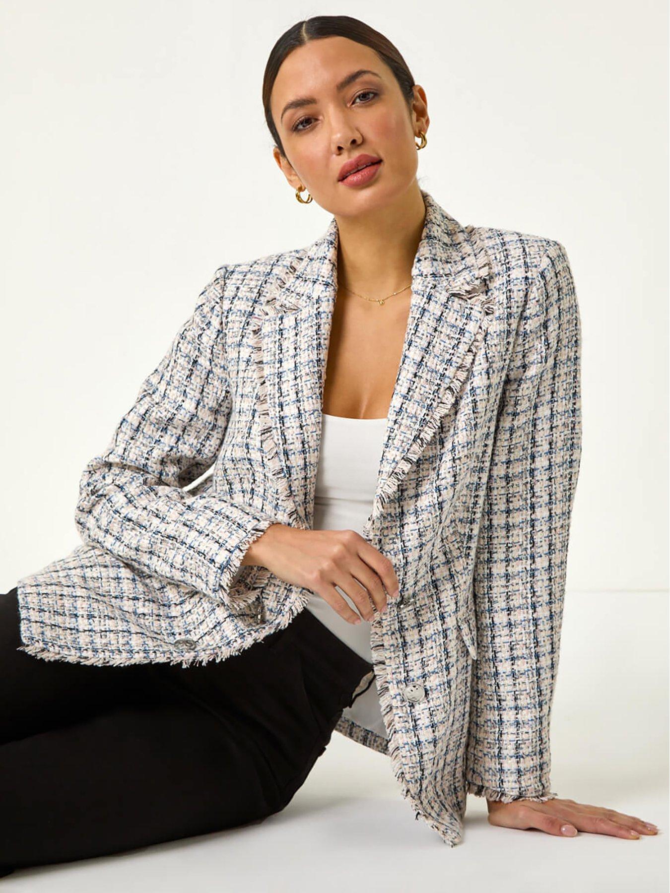 Image 4 of 5 of Roman Check Frayed Edge Boucle Button Jacket - Multi