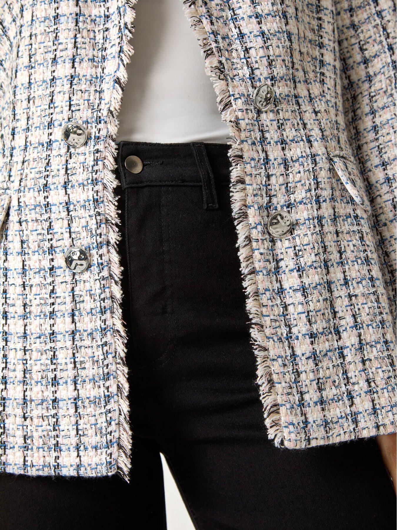 Image 5 of 5 of Roman Check Frayed Edge Boucle Button Jacket - Multi