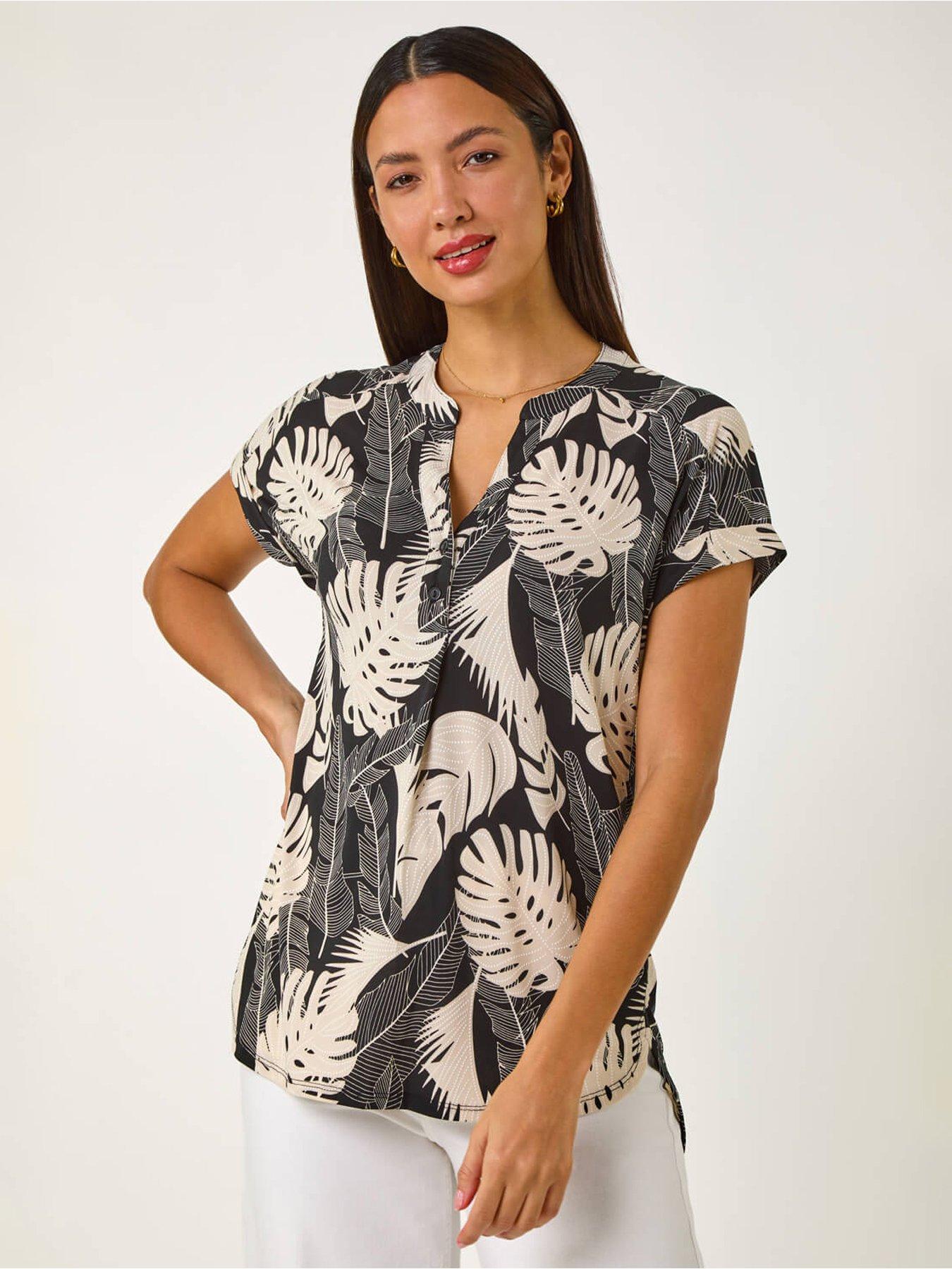 Image 1 of 5 of Roman Textured Leaf Print V-neck Stretch Top - Stone