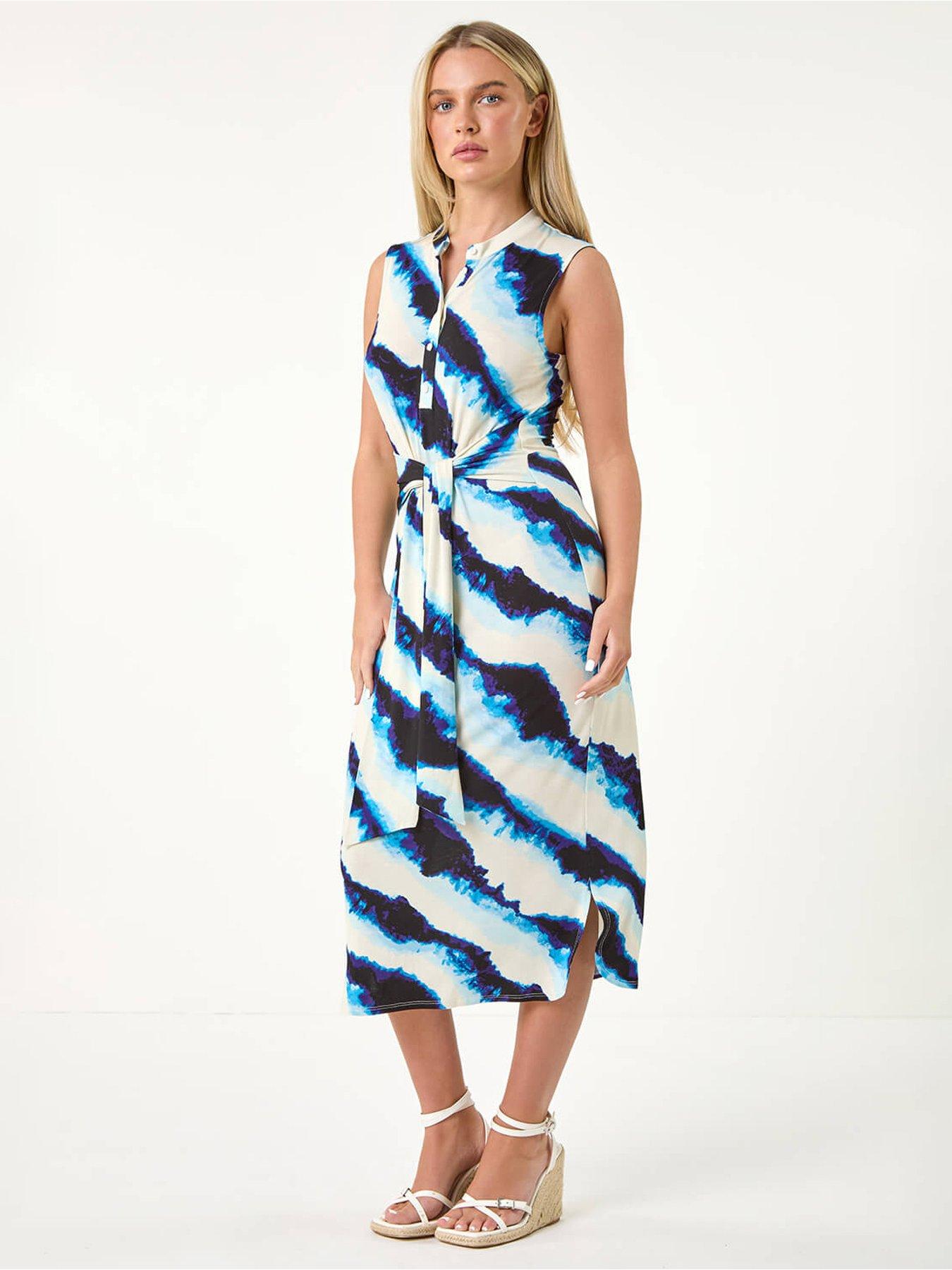 Roman Petite Tie Detail Printed Stretch Dress - Blue