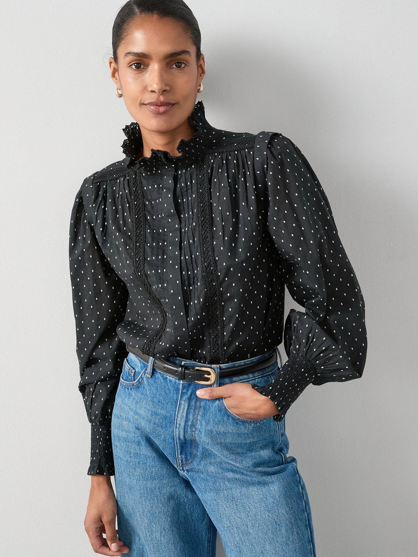 the-very-collection-polka-dot-frill-high-neck-detail-blouse-black