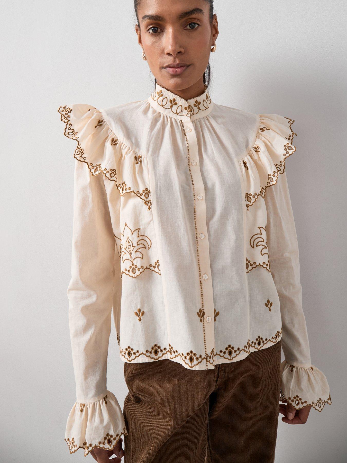 The Very Collection Frill Detail Cotton Broderie Detail Shirt - Cream