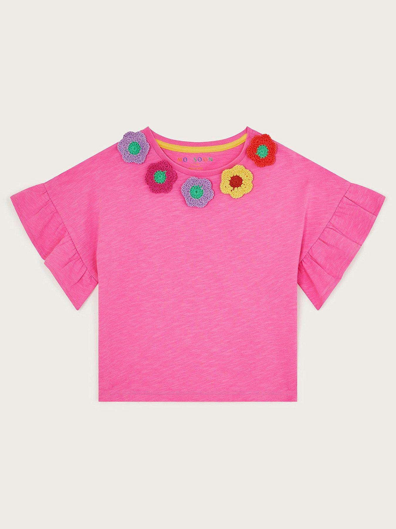 undefined Girls Crochet Flower Frilly T-shirt - Pink