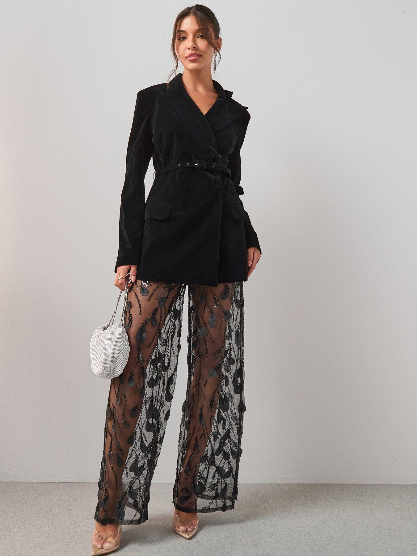 The Very Collection Premium Sheer Embellished Wide Leg Trousers - Black