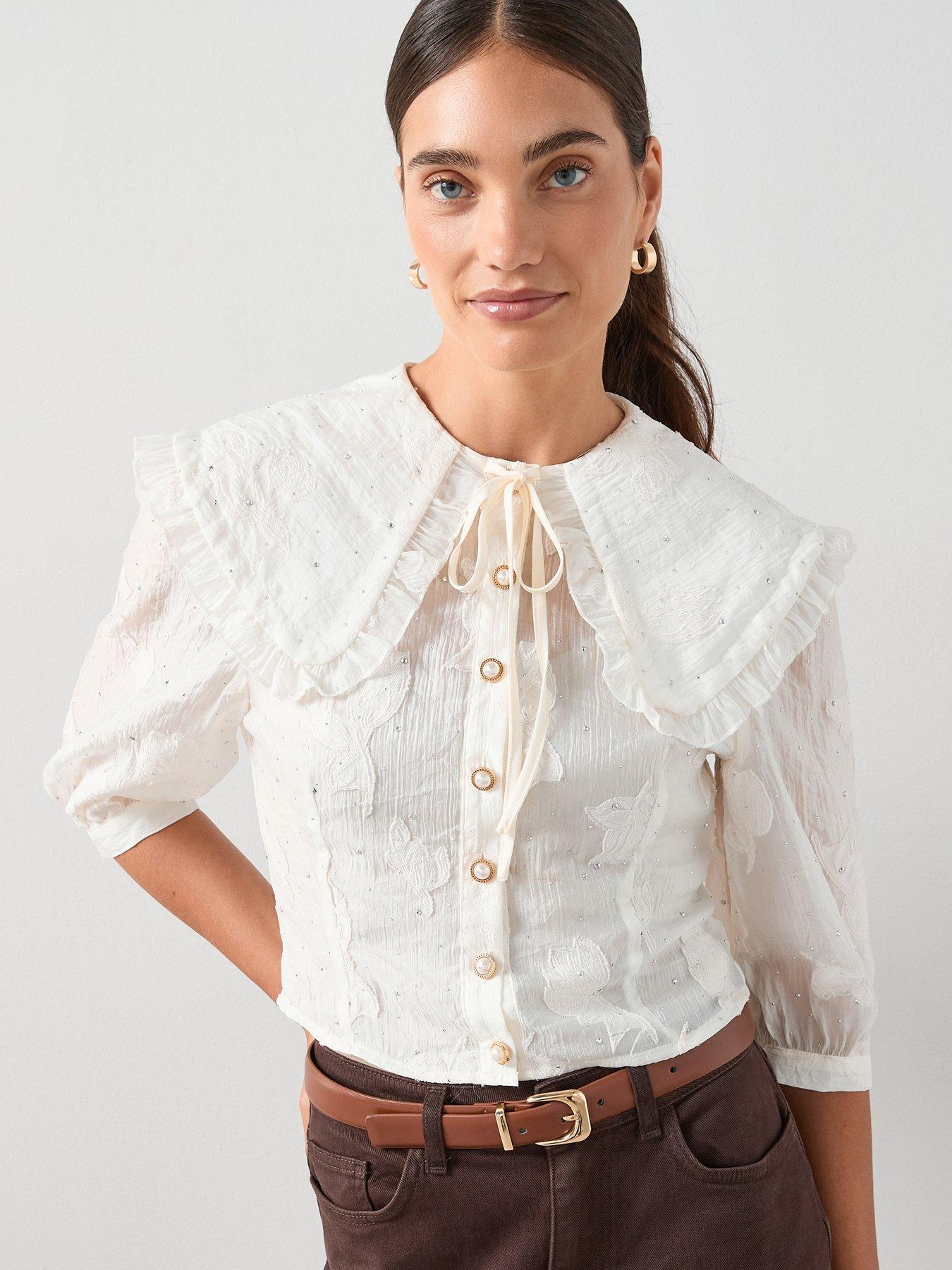undefined Embellished Peter Pan Collar Applique Tie Blouse - Cream
