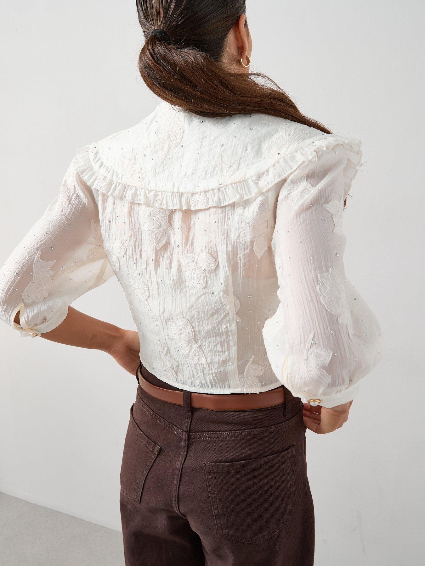Image 2 of 7 of The Very Collection Embellished Peter Pan Collar Applique Tie Blouse - Cream