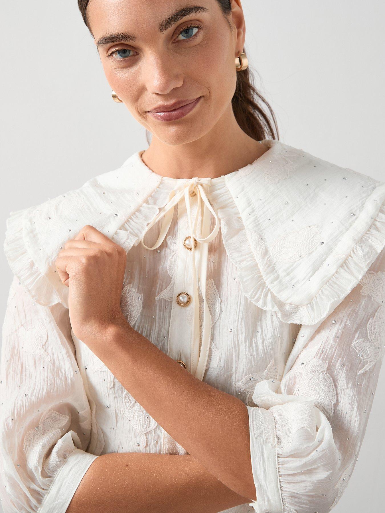 Image 4 of 7 of The Very Collection Embellished Peter Pan Collar Applique Tie Blouse - Cream