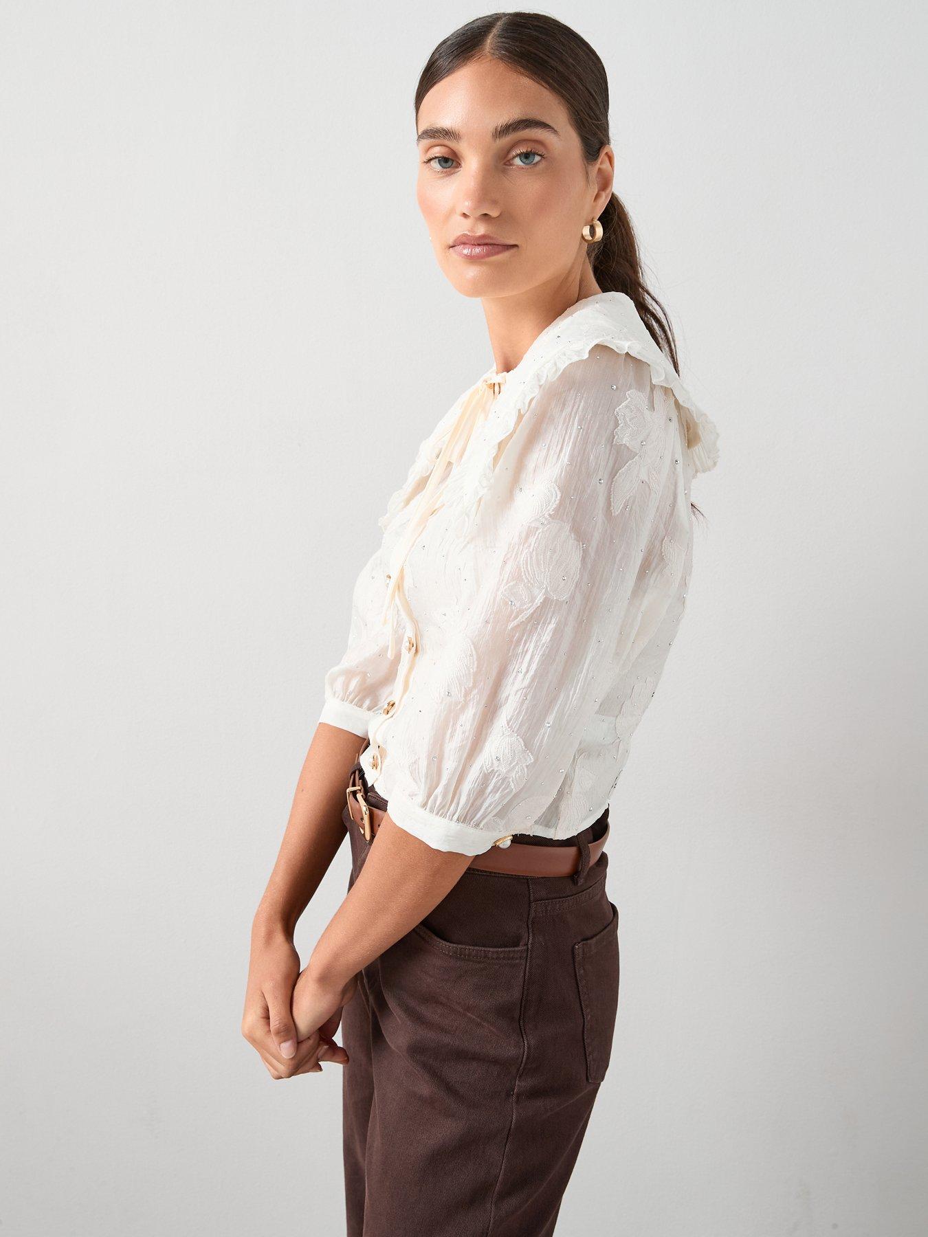 Image 5 of 7 of The Very Collection Embellished Peter Pan Collar Applique Tie Blouse - Cream