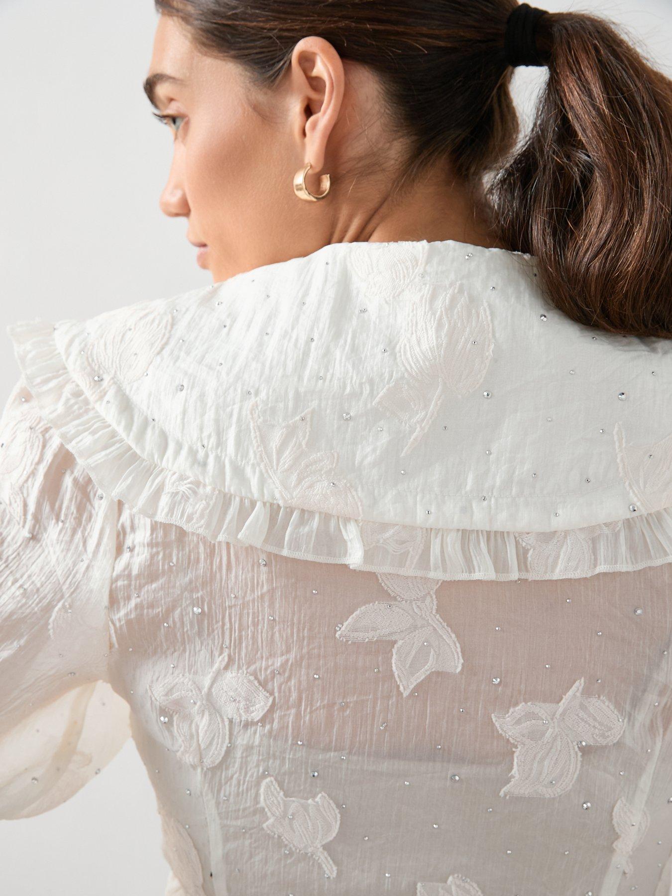 Image 6 of 7 of The Very Collection Embellished Peter Pan Collar Applique Tie Blouse - Cream