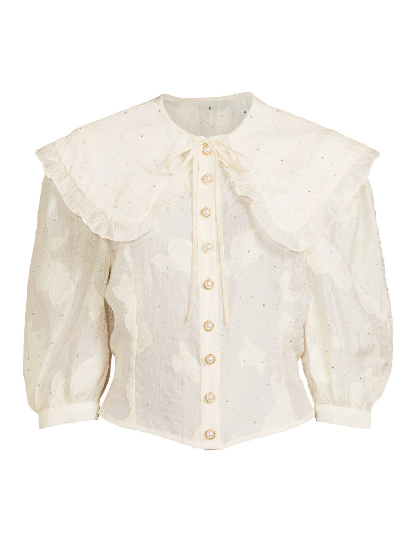 Image 7 of 7 of The Very Collection Embellished Peter Pan Collar Applique Tie Blouse - Cream