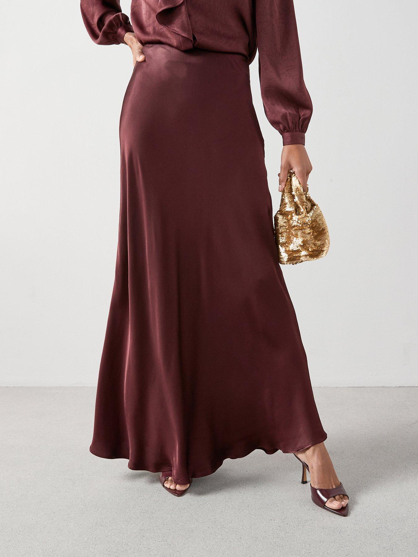 Image 1 of 7 of The Very Collection Satin Bias Cut Maxi Skirt - Burgundy