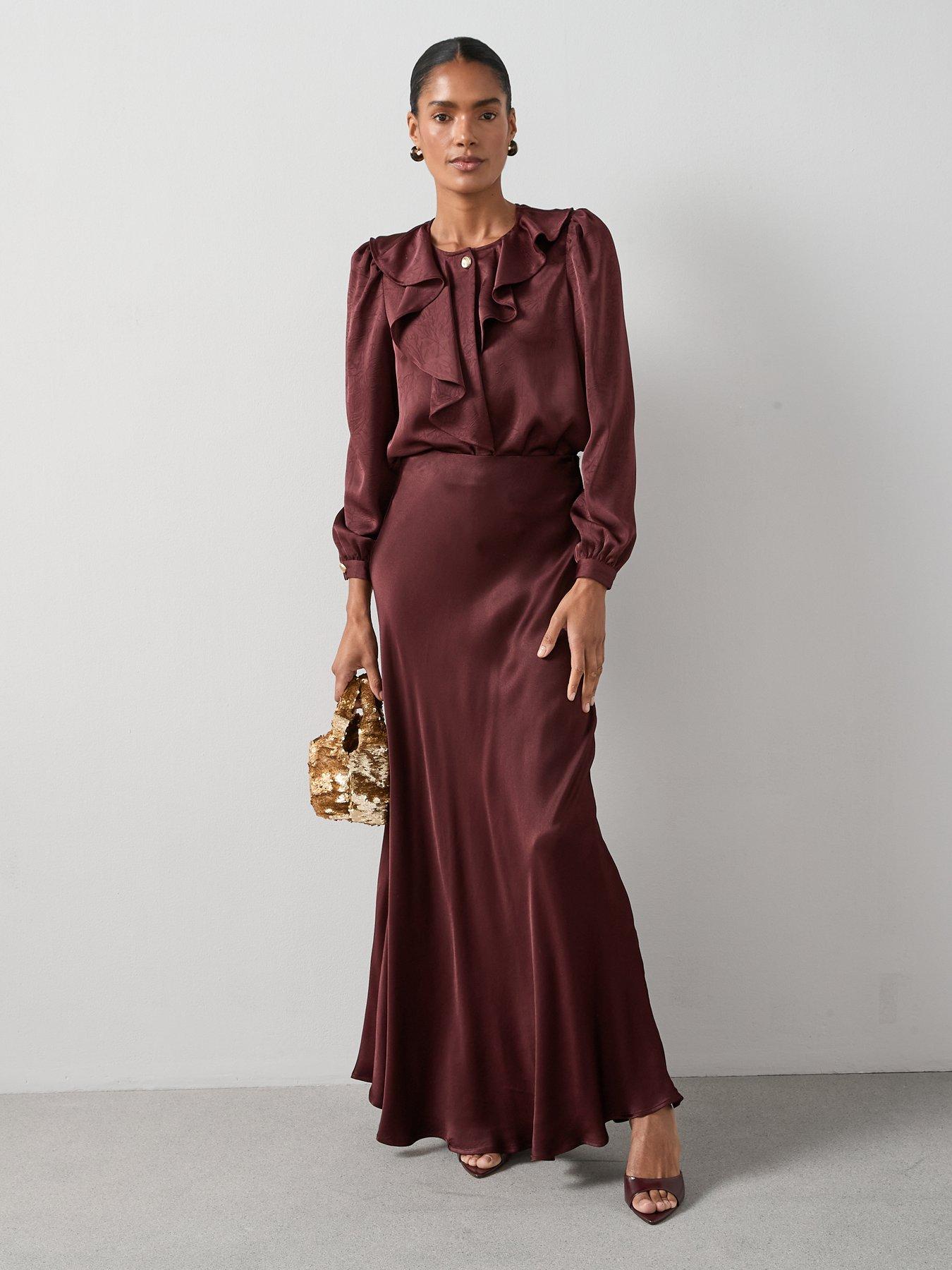 Image 3 of 7 of The Very Collection Satin Bias Cut Maxi Skirt - Burgundy