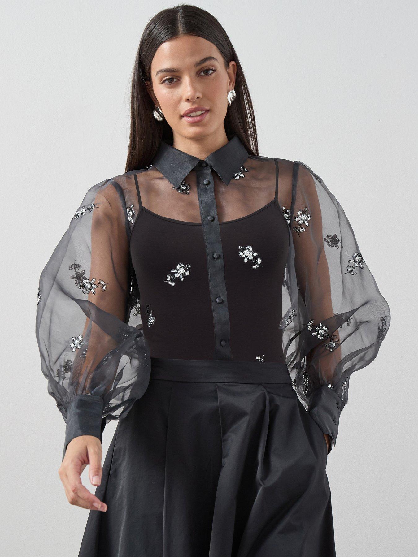 the-very-collection-embellished-organza-button-up-shirt-grey