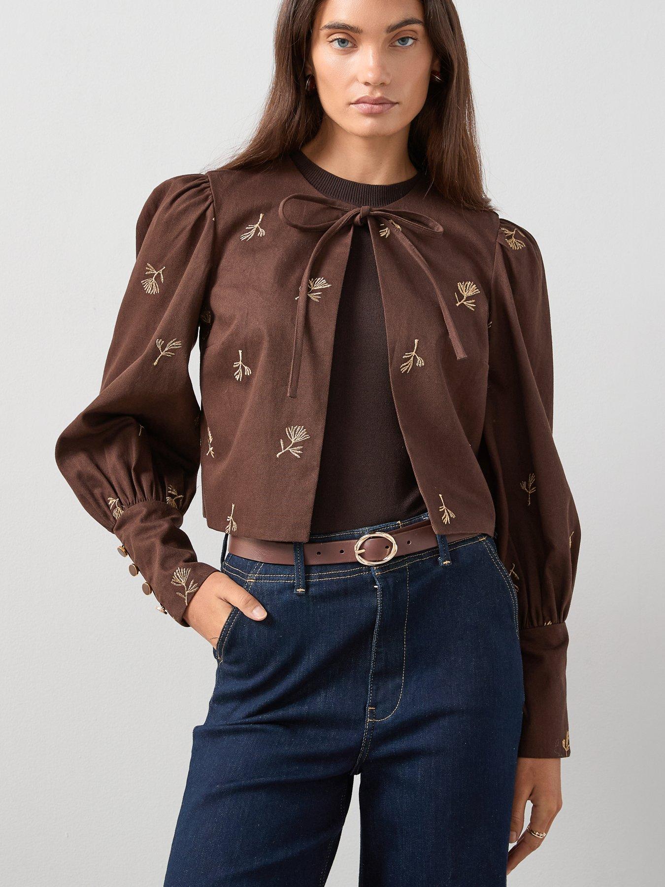 the-very-collection-embroidered-puff-sleeve-jacket-brown