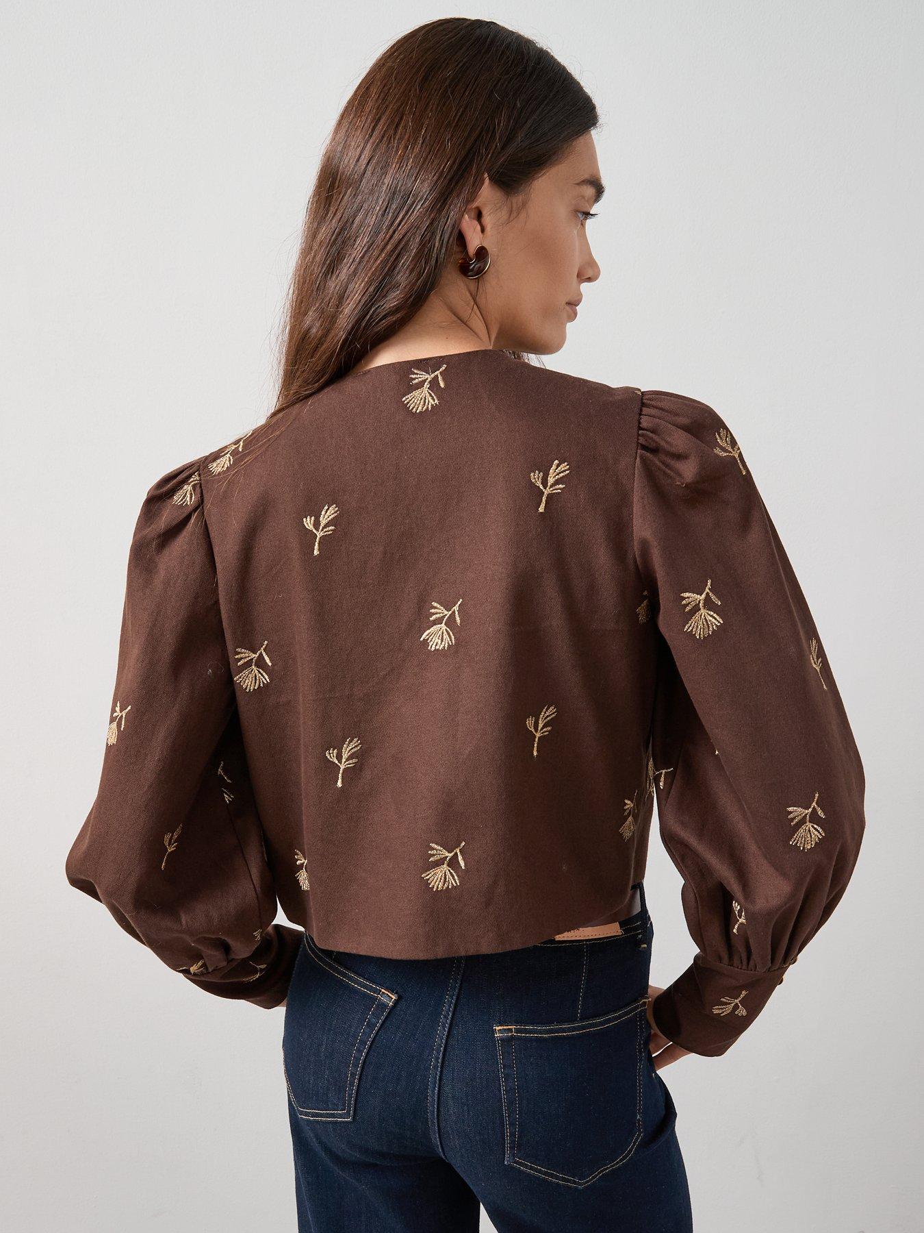 Image 2 of 6 of The Very Collection Embroidered Puff Sleeve Jacket - Brown