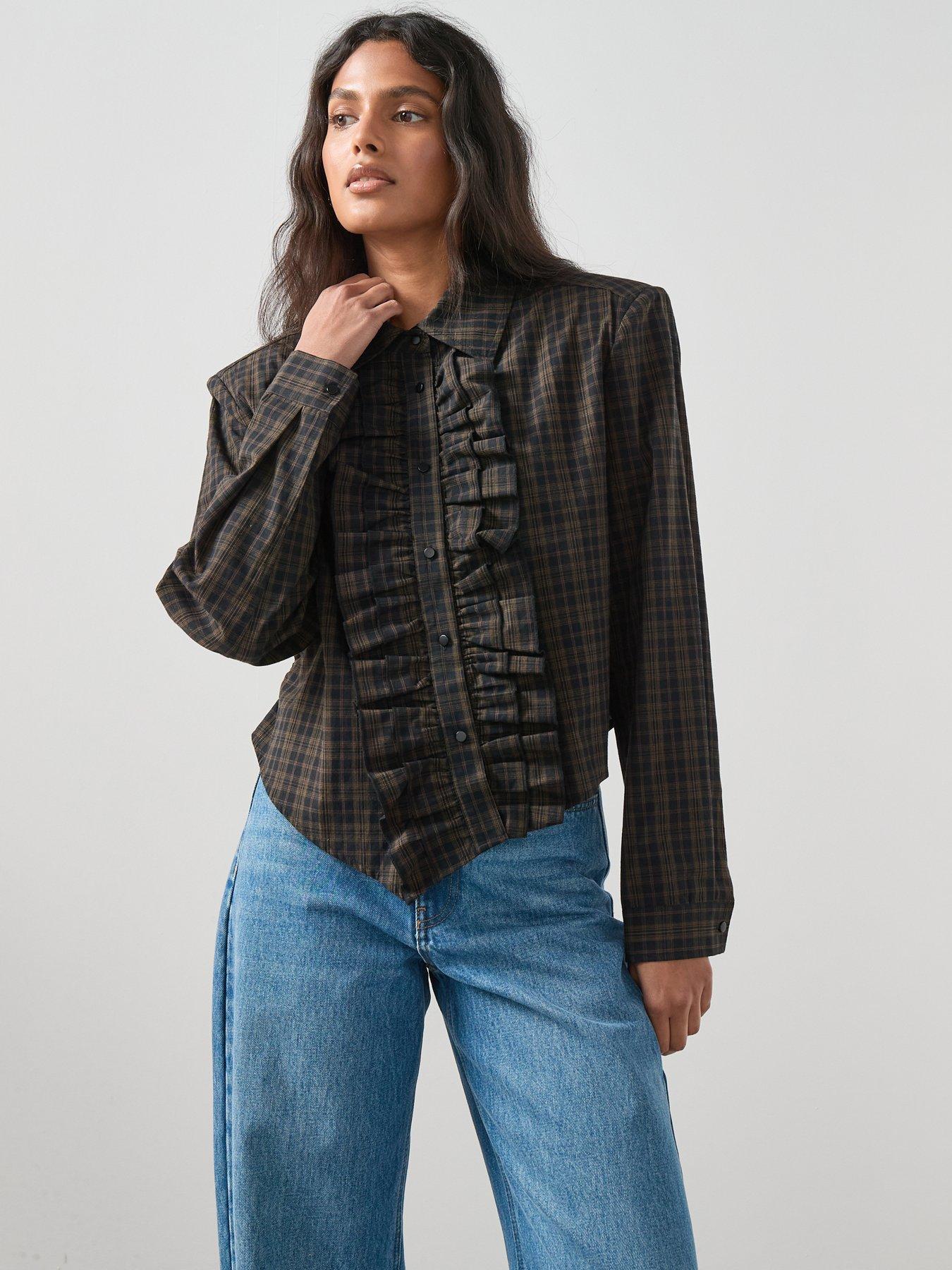 the-very-collection-collared-ruffle-detail-checked-shirt-brown
