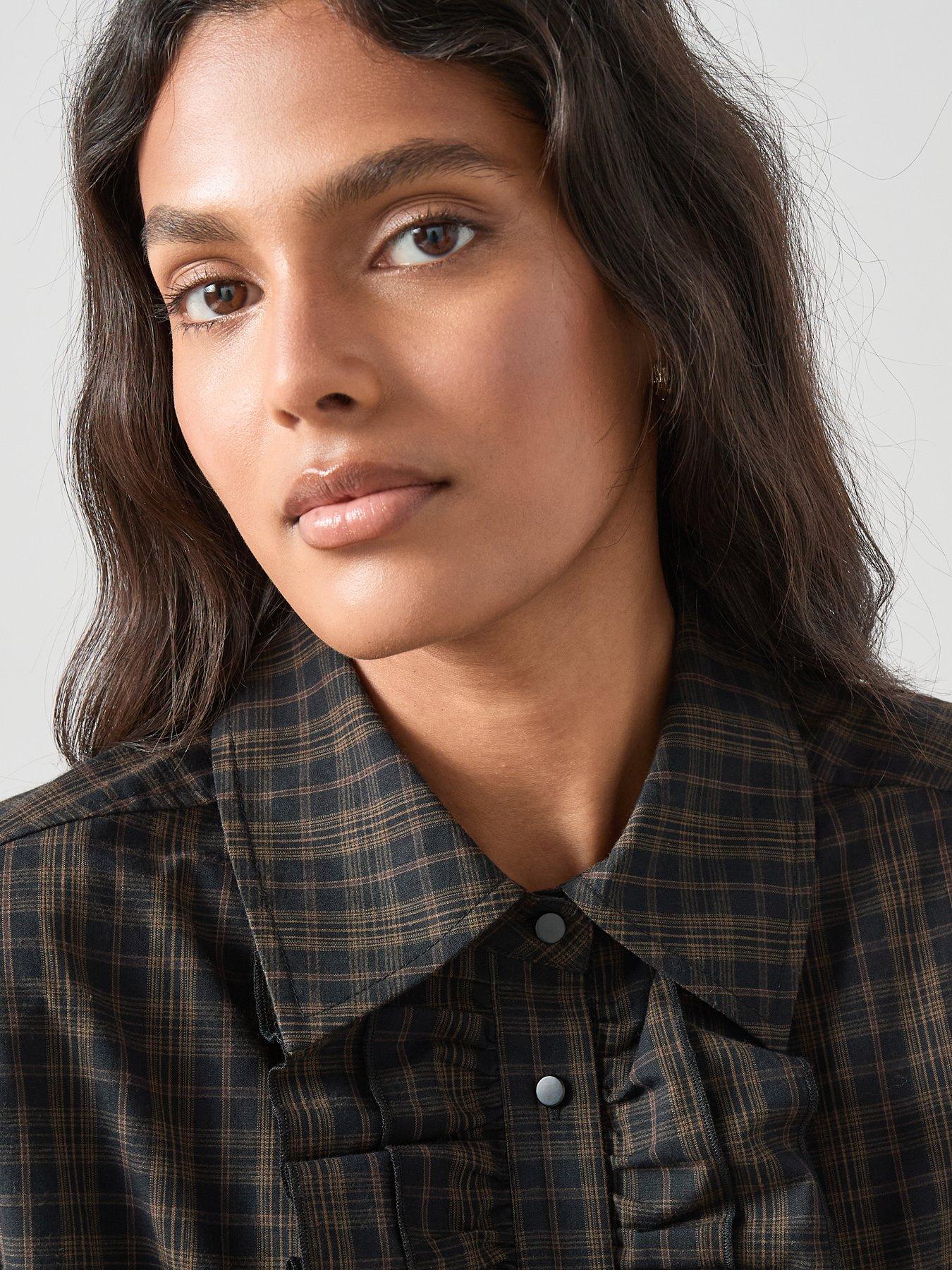 the-very-collection-collared-ruffle-detail-checked-shirt-brownoutfit