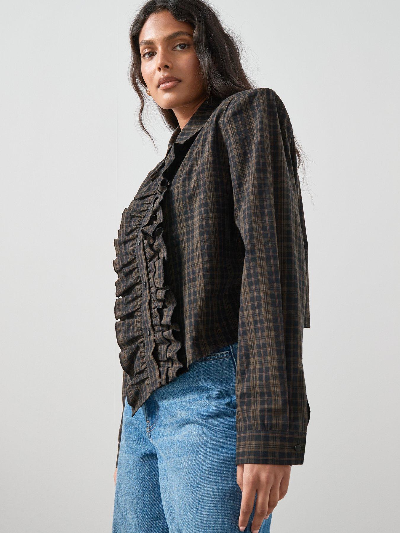 the-very-collection-collared-ruffle-detail-checked-shirt-browndetail