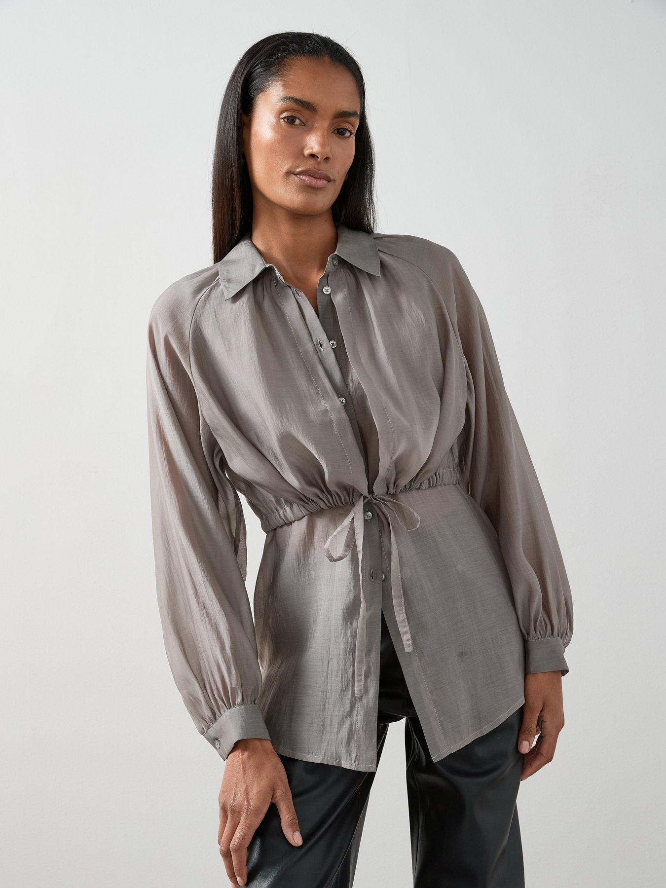 the-very-collection-drawstring-button-up-woven-blouse-grey