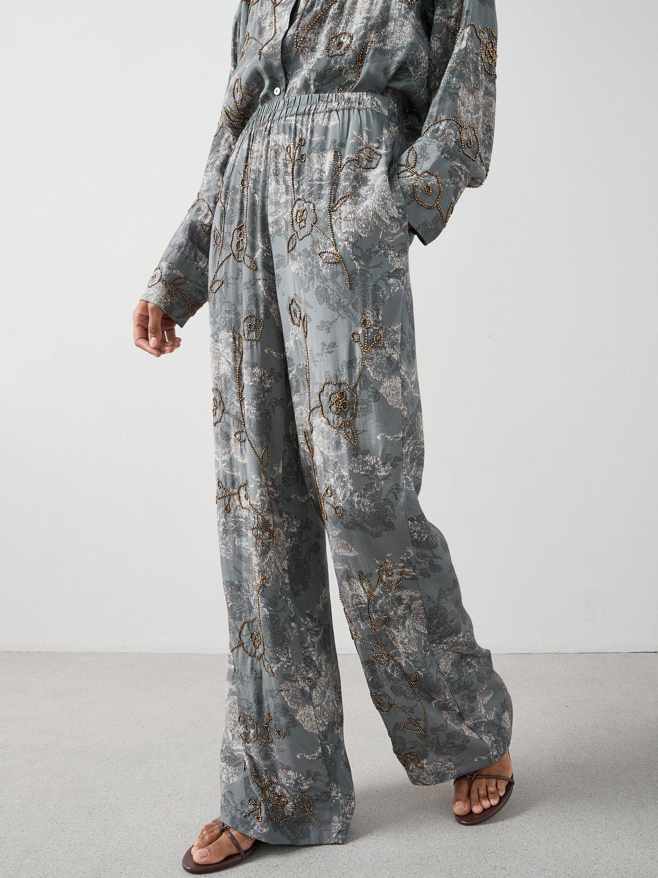 The Very Collection Wide Leg Printed Jewel Co-Ord Trousers - Grey