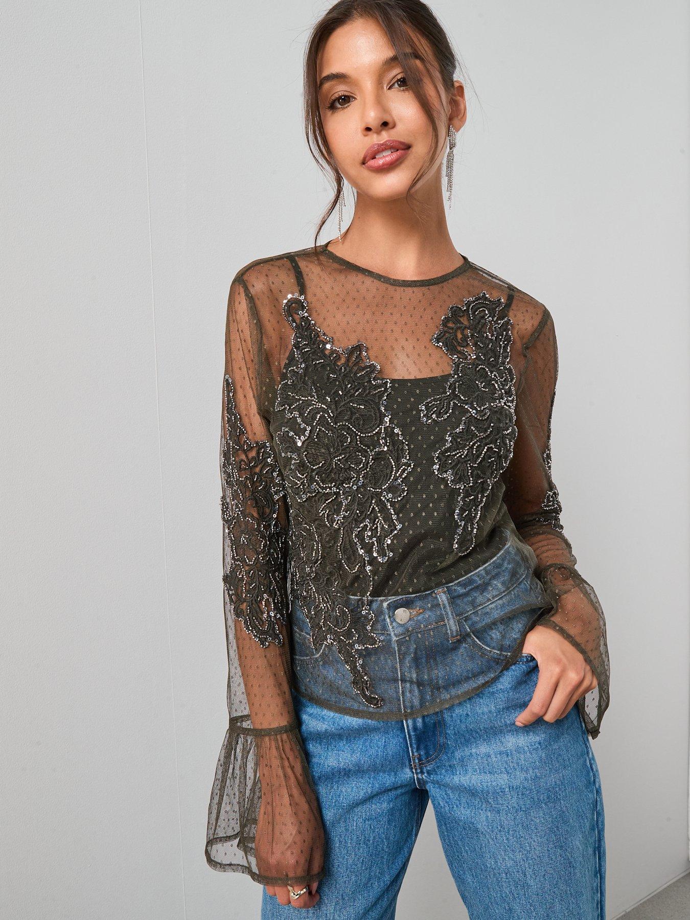 the-very-collection-embellished-broderie-detail-mesh-tie-blouse-green