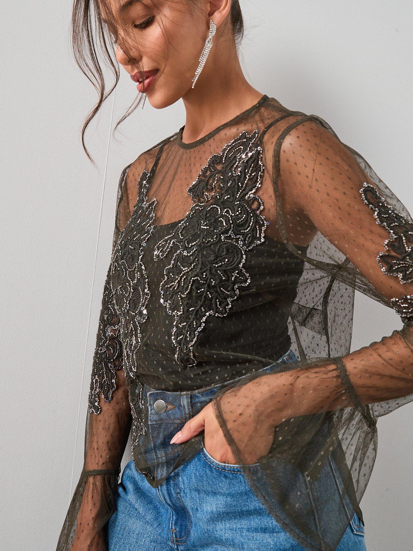 the-very-collection-embellished-broderie-detail-mesh-tie-blouse-greendetail