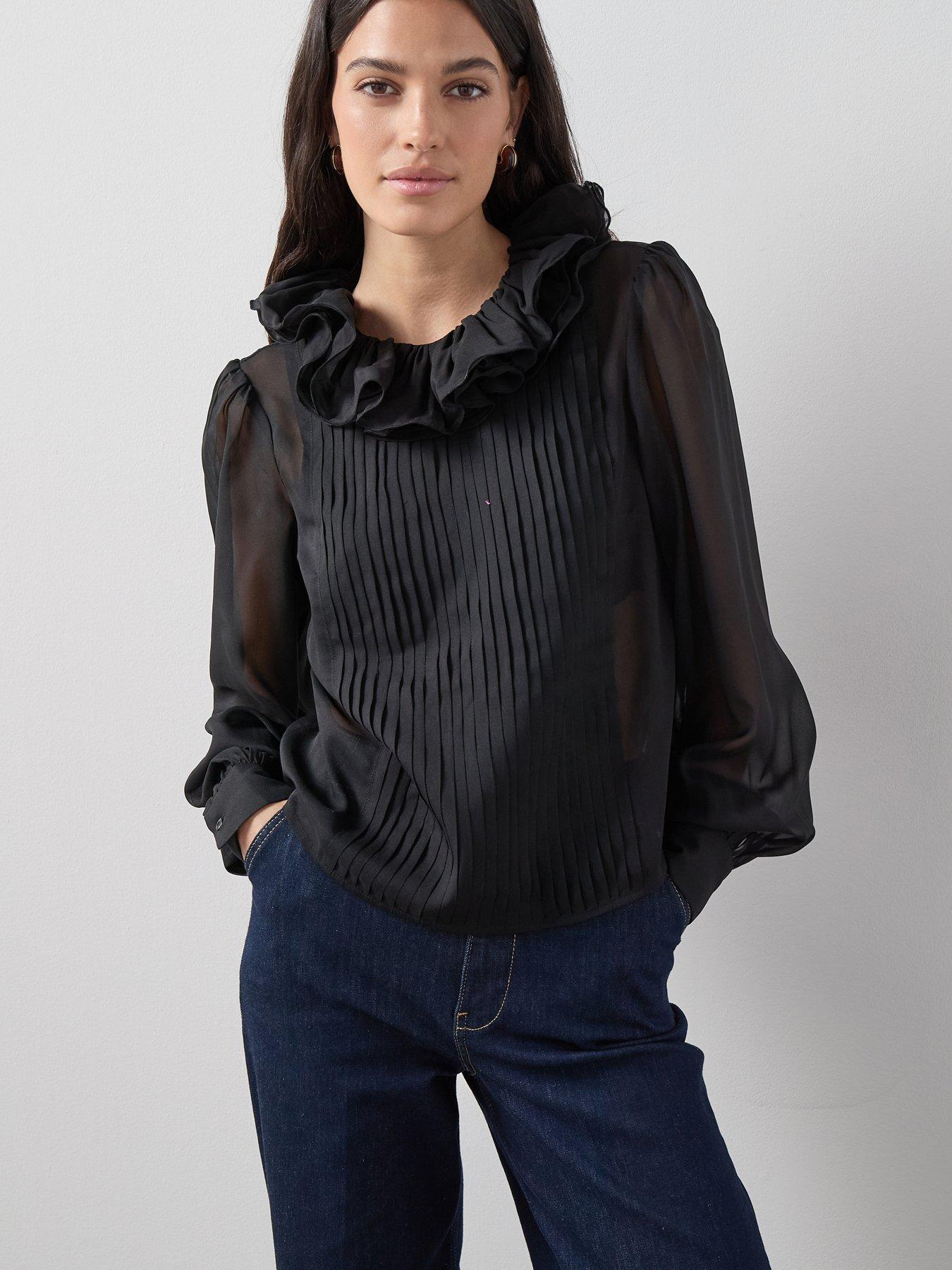 the-very-collection-pleated-ruffle-detail-neck-blouse-black