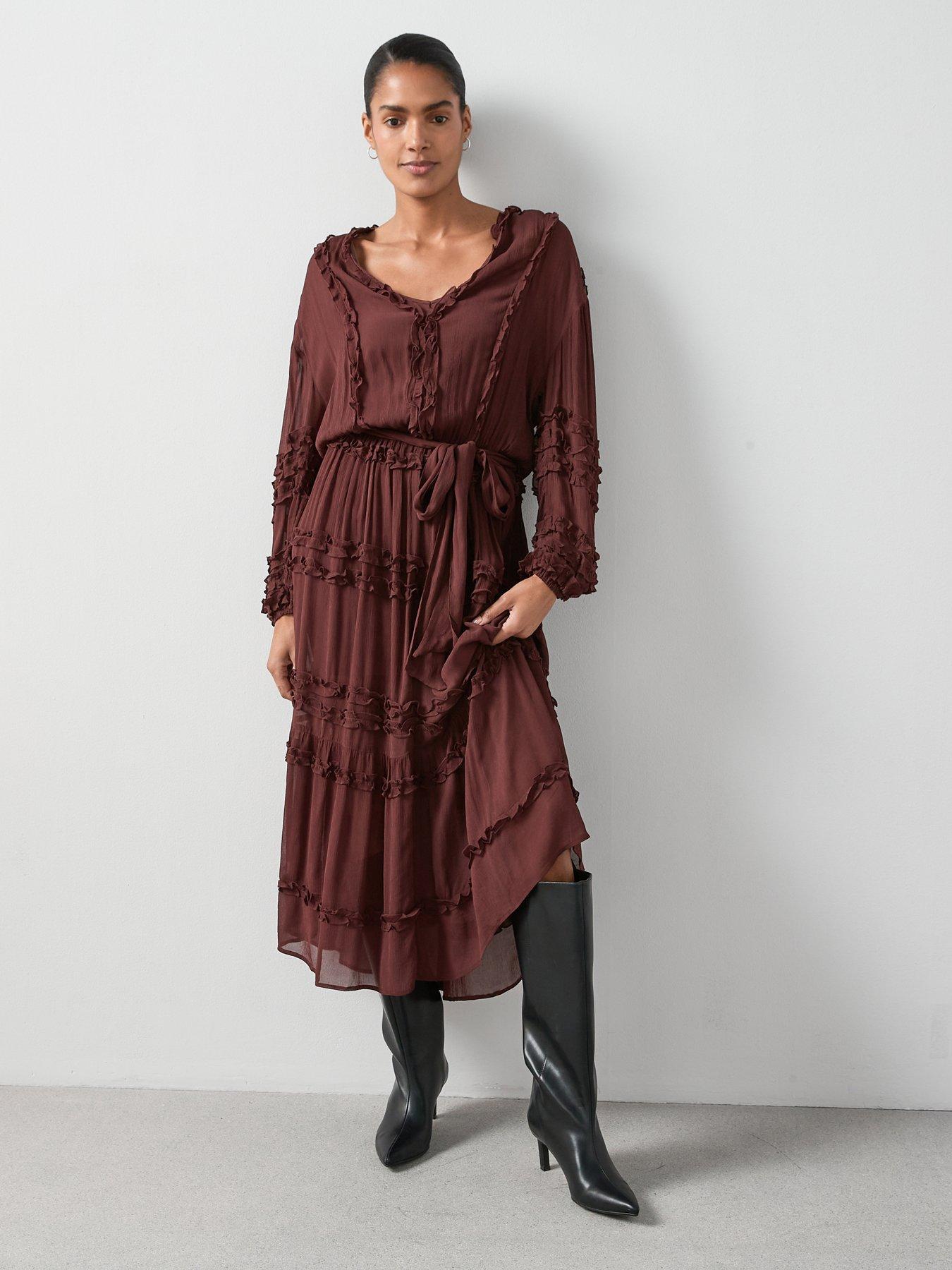 The Very Collection Ruffle Tie Waist Sheer Midi Dress - Brown