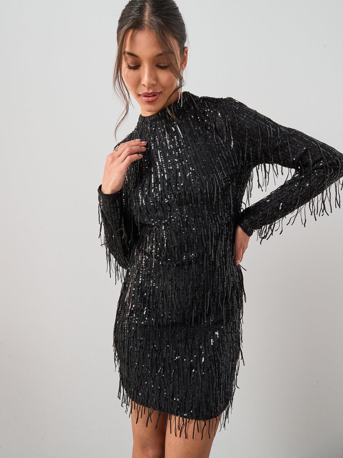 Image 1 of 6 of The Very Collection Fringed Sequin Long Sleeve Mini Dress - Black