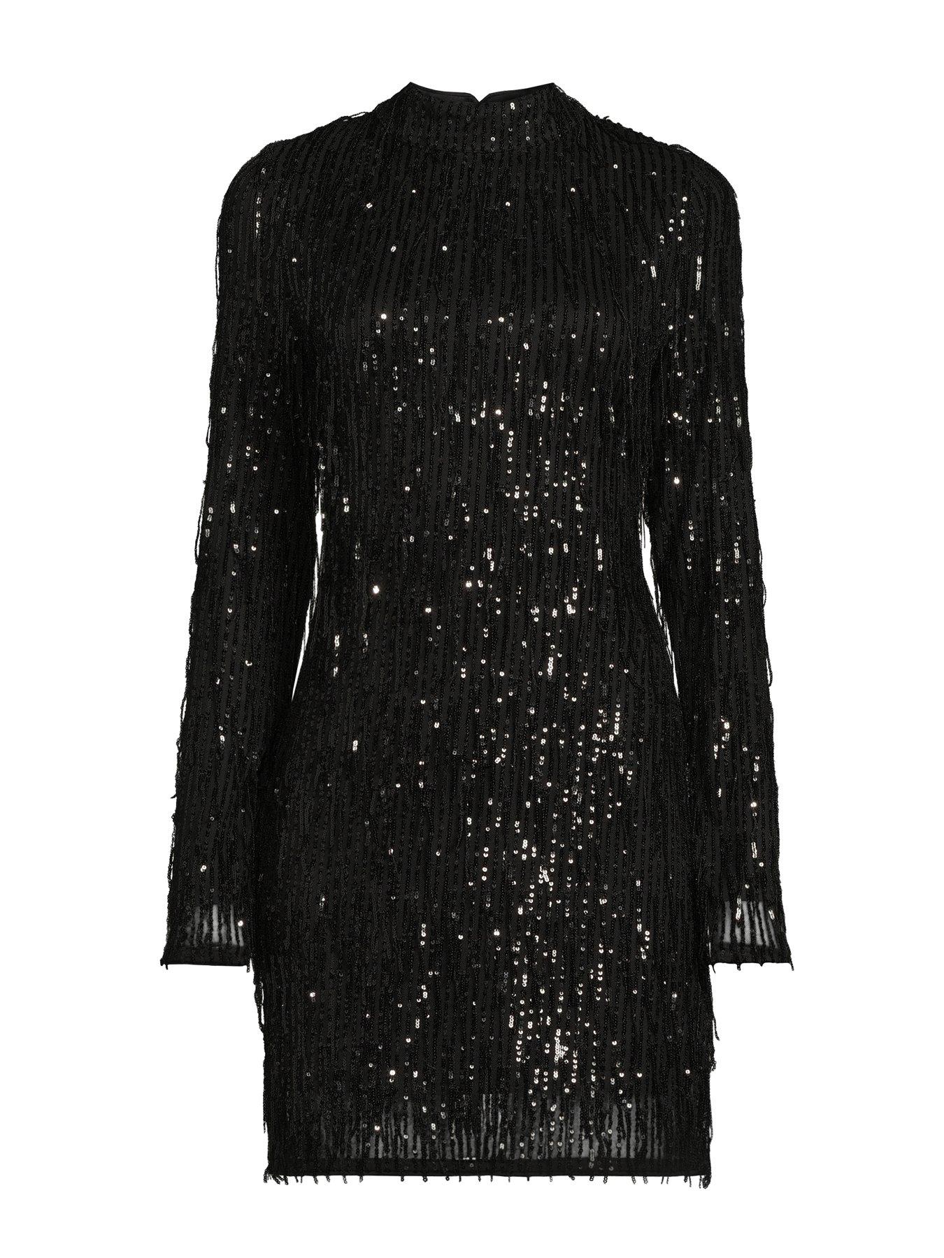 slim fit dress slacks Jasilia Long Sleeve Mini Dress in Gauzy Sequin Black , Cut Out