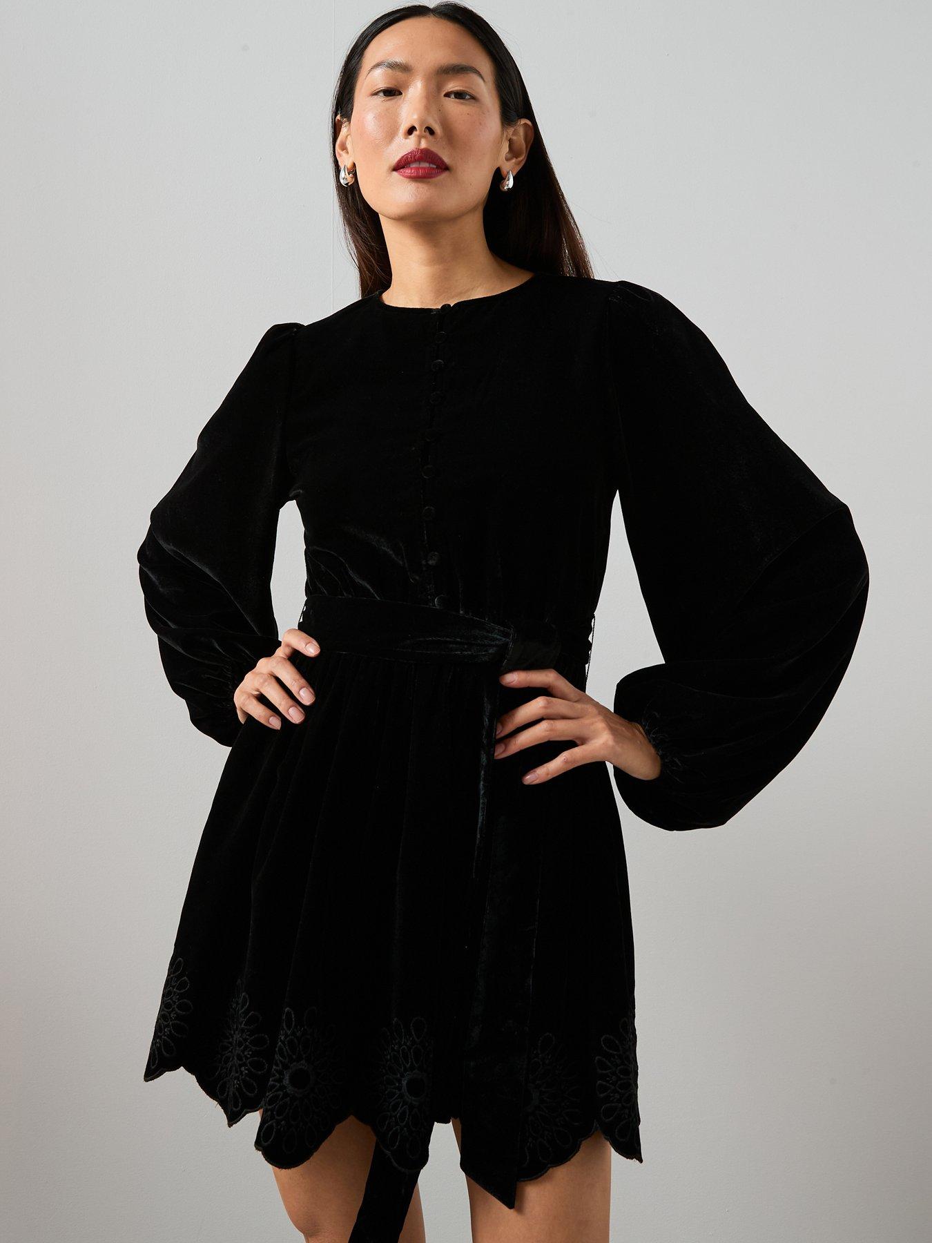 the-very-collection-velvet-tie-waist-cutwork-mini-dress-black