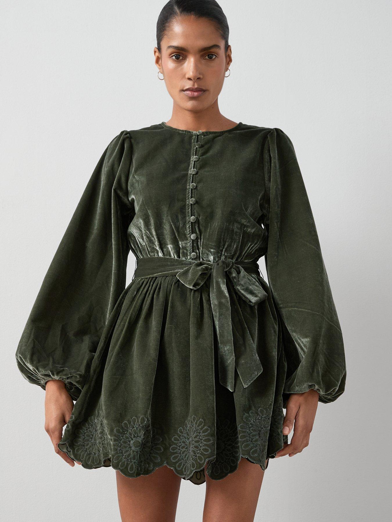 The Very Collection Velvet Tie Waist Cutwork Mini Dress - Green