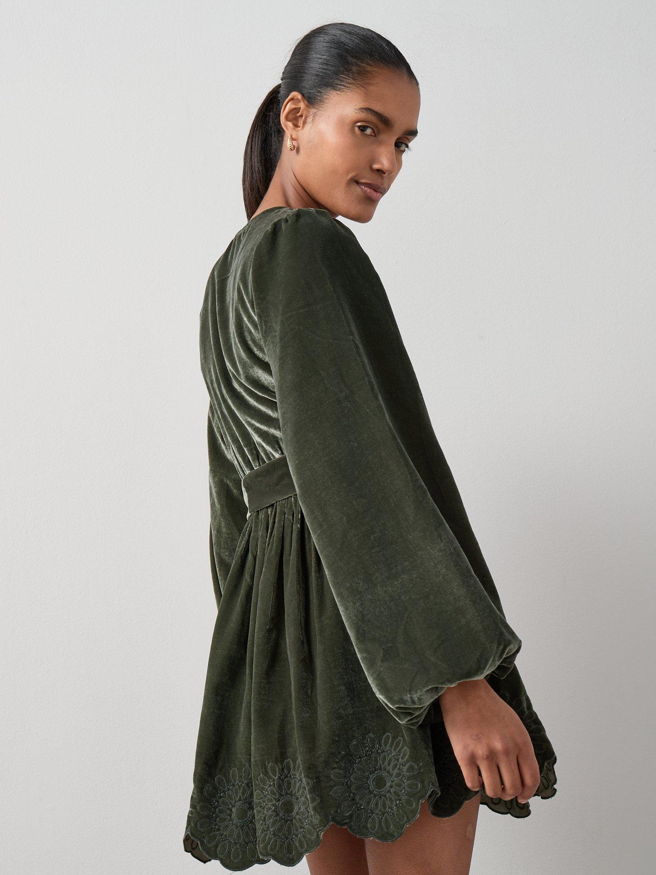The Very Collection Velvet Tie Waist Cutwork Mini Dress - Green | Very  Ireland