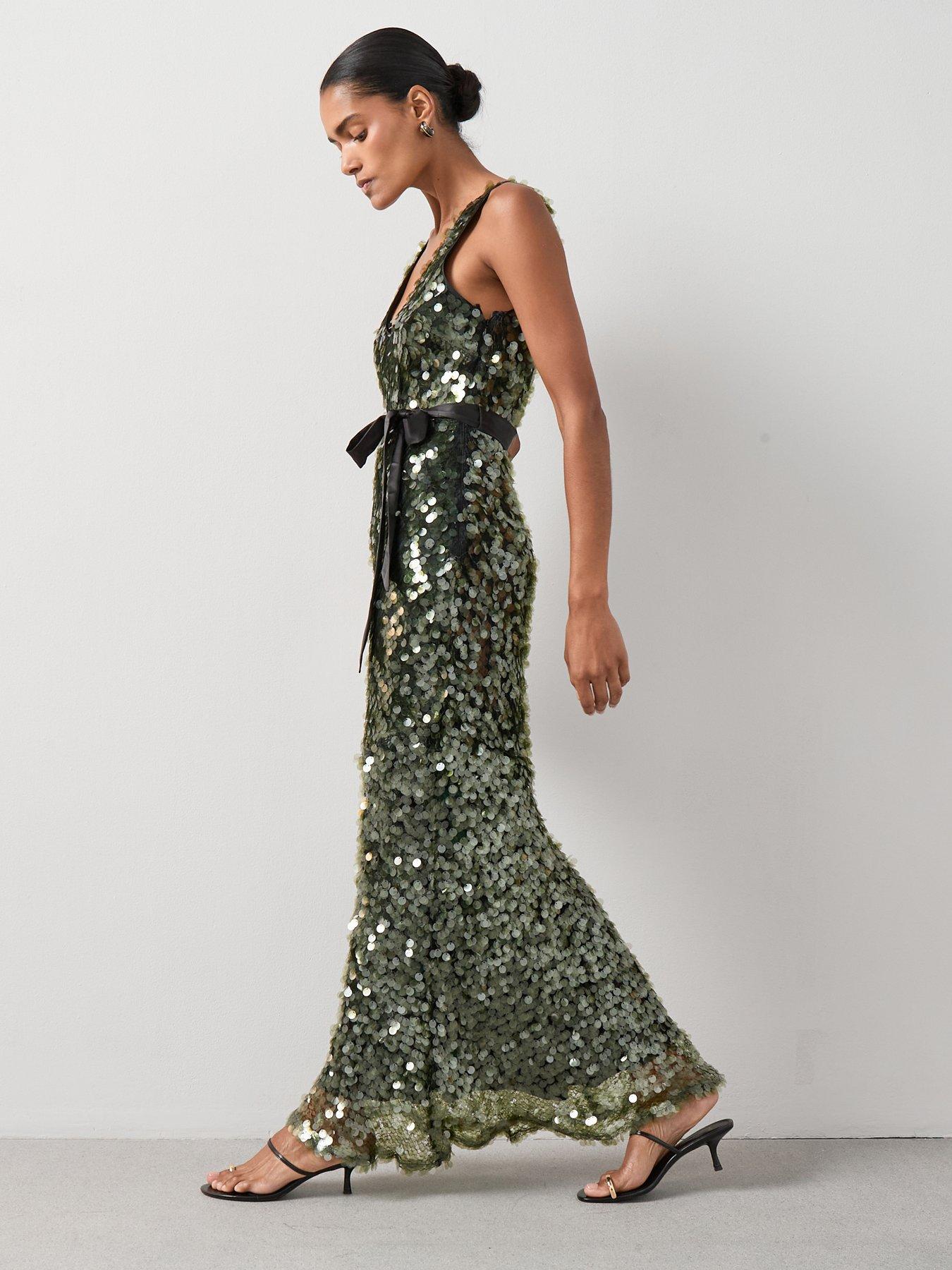 The Very Collection Sequin Disc Belted Maxi Dress - Green
