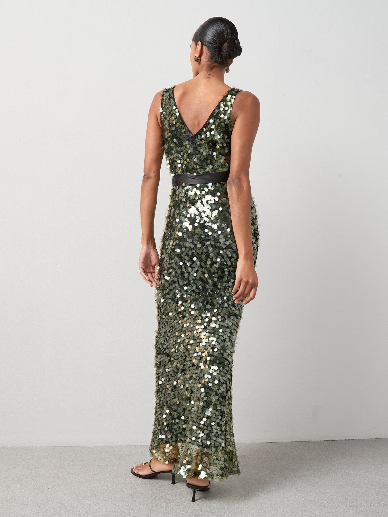 Image 2 of 6 of The Very Collection Sequin Disc Belted Maxi Dress - Green