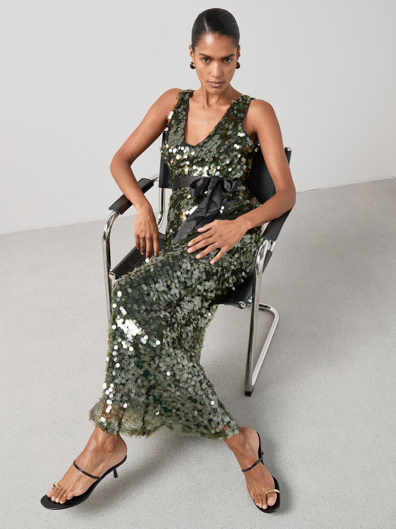 Image 3 of 6 of The Very Collection Sequin Disc Belted Maxi Dress - Green