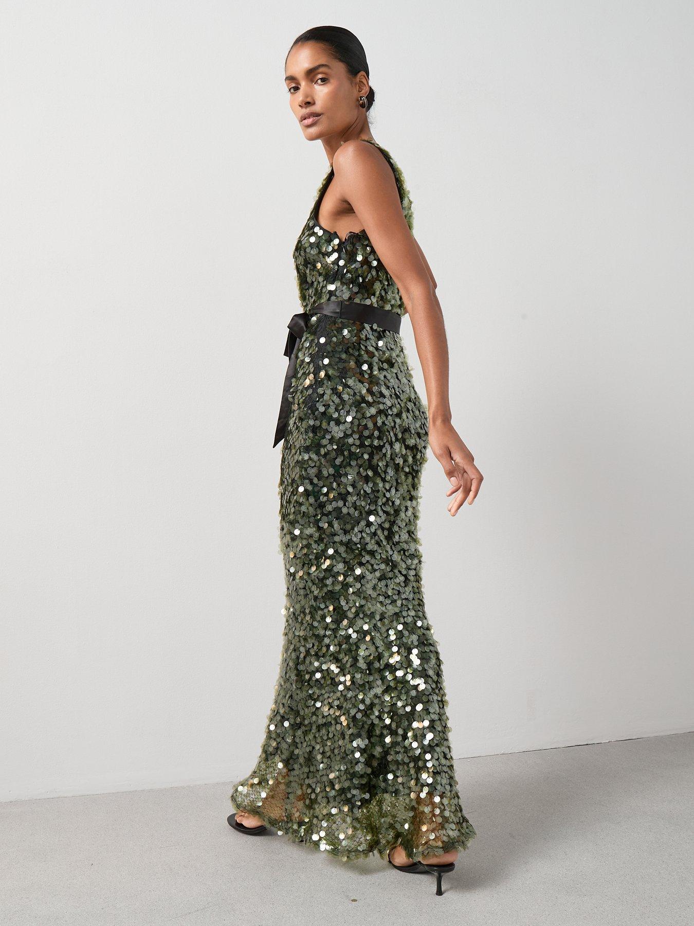 Image 4 of 6 of The Very Collection Sequin Disc Belted Maxi Dress - Green