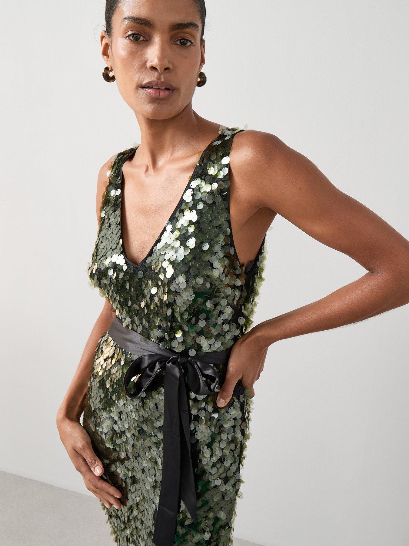 Image 5 of 6 of The Very Collection Sequin Disc Belted Maxi Dress - Green